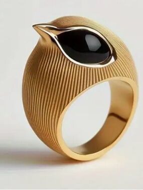 Gold Ribbed Dome Ring with Black Teardrop Accent